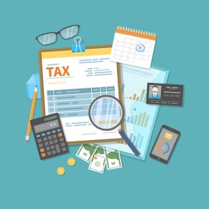 Payment of tax, invoices, bills concept. Financial calendar, money, tax form on clipboard, magnifying glass, calculator, pen, folder. Payday icon. Vector illustration